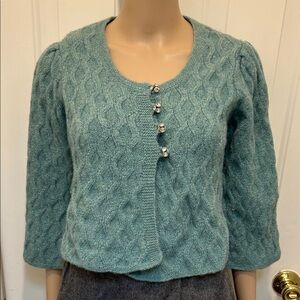 VTG Anthropologie S Charlie & Robin Jewel Shop Cropped Cable Wool Cardigan Green